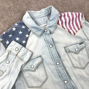 Bullhead Denim Co Western Shirt Womens L Blue Regular Peaked Yoke American Flag